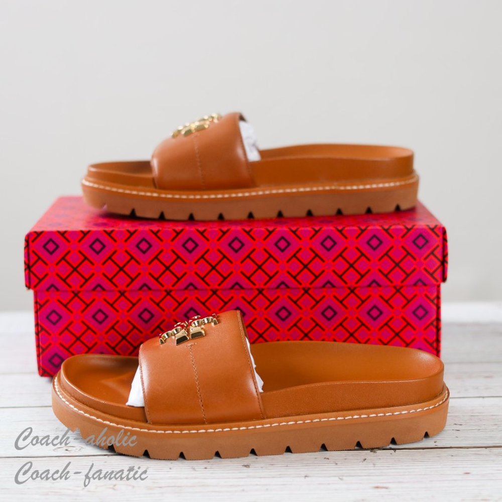 NIB Tory Burch Everly Anatomic Lug Nappa Leather Slide Sandal in Bourbon - Picture 2 of 9